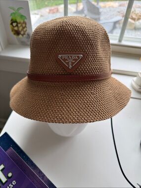 Prada Tan Woven Bucket Hat with Leather Trim